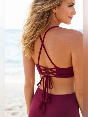NWT MIDORI Burgundy Mia Vita Bikini Top Tassel Tie Bohemian Beachy Chic Sz: S